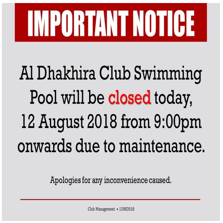Important Notice: Al Dhakhira Club Pool Closure