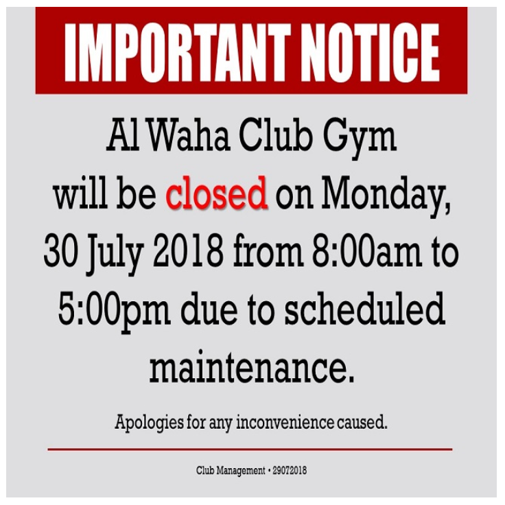 Important Notice: AWC Gym Closure - 30 July 2018