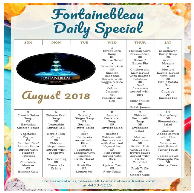 Fontainebleau Daily Special - August 2018
