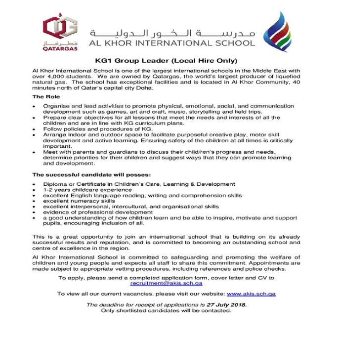 AKIS Vacancy: KG1 Group Leader (Local Hire Only)