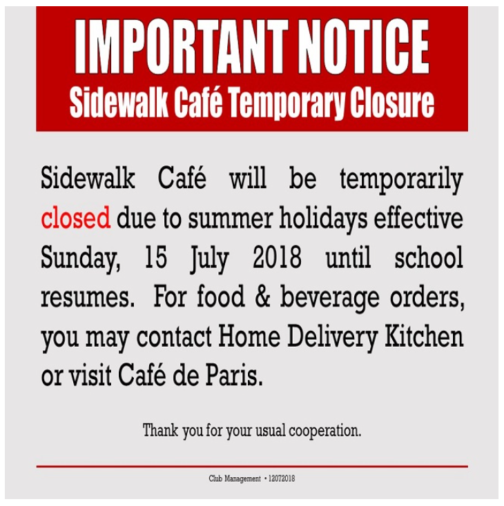Important Notice: Sidewalk Cafe Temporary Closure