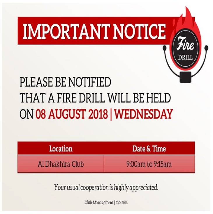 Important Notice: Fire Drill Schedule - August 2018