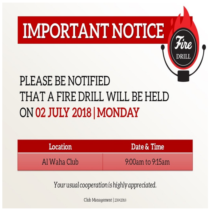 Important Notice: Fire Drill Schedule - July 2018
