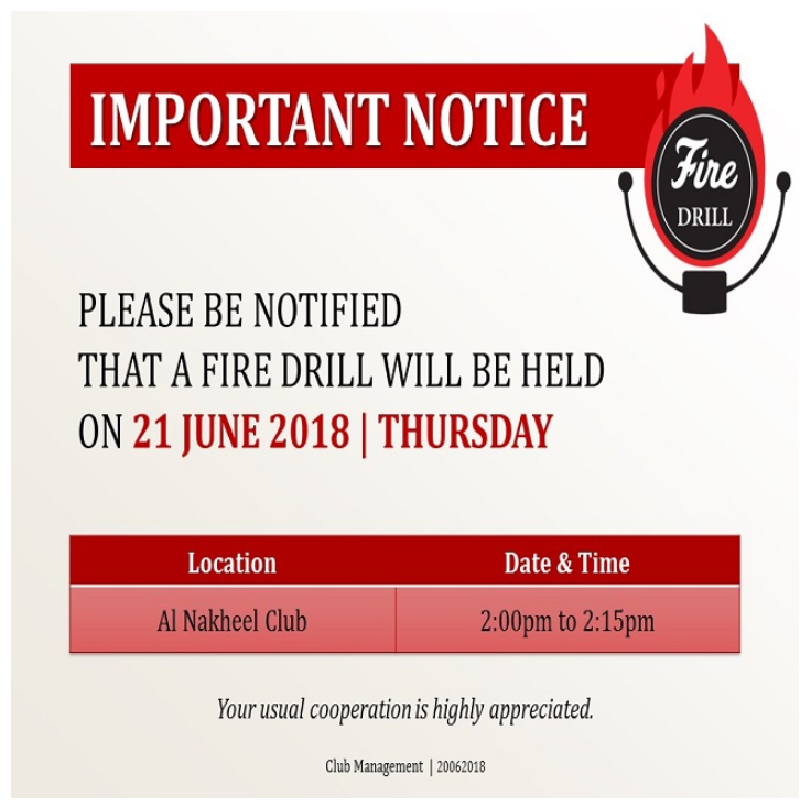 Important Notice: Fire Drill Schedule - June 2018