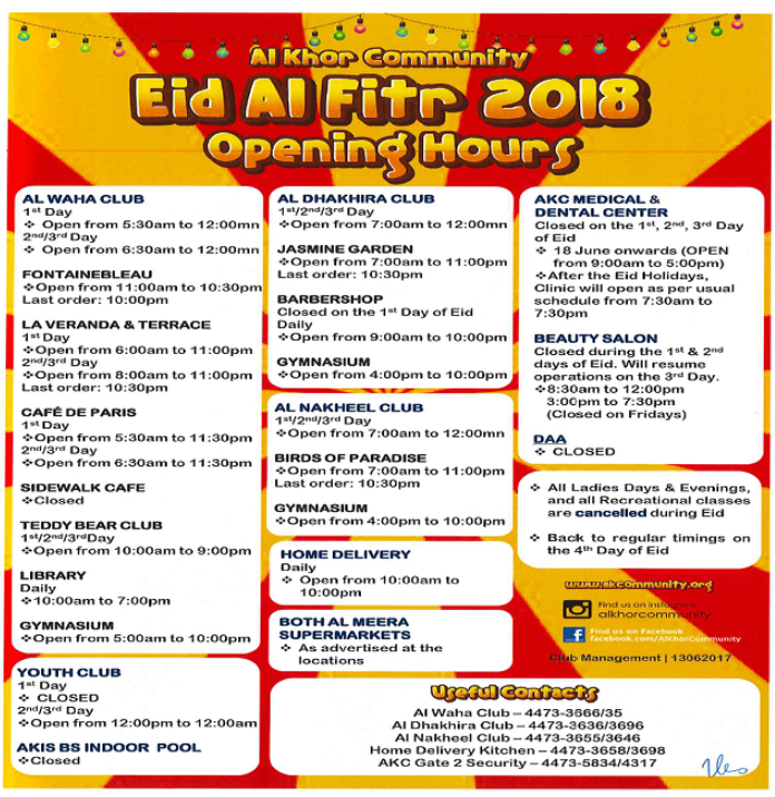 Eid Al Fitr 2018 Opening Hours