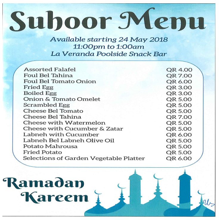 Suhoor Menu - May 2018