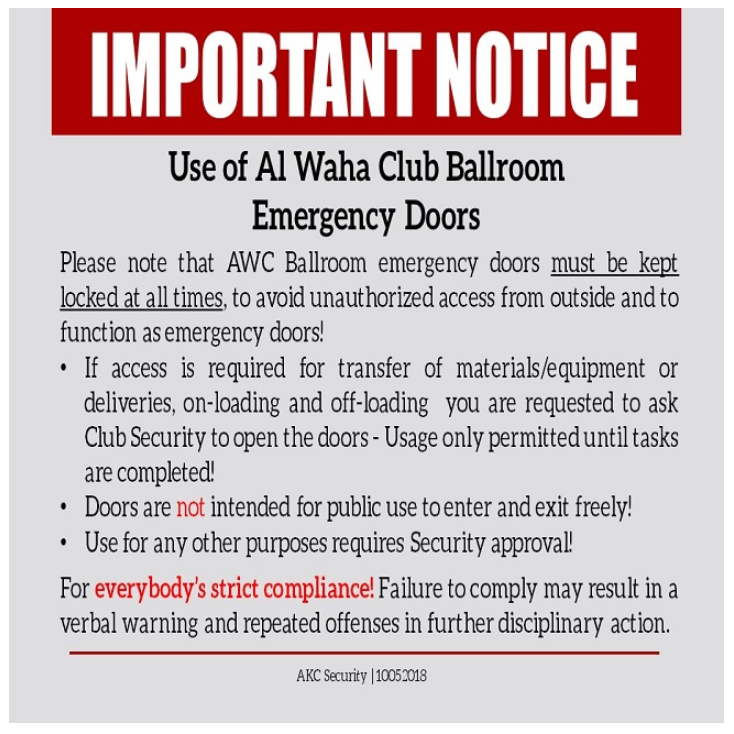 Important Notice: Use of Al Waha Club Ballroom Emergency Doors