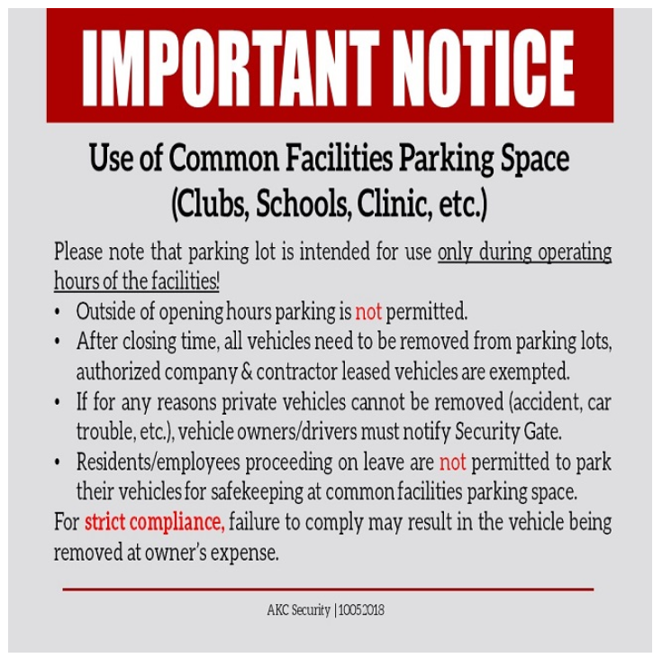 Important Notice : Use of Common Facilities Parking Space