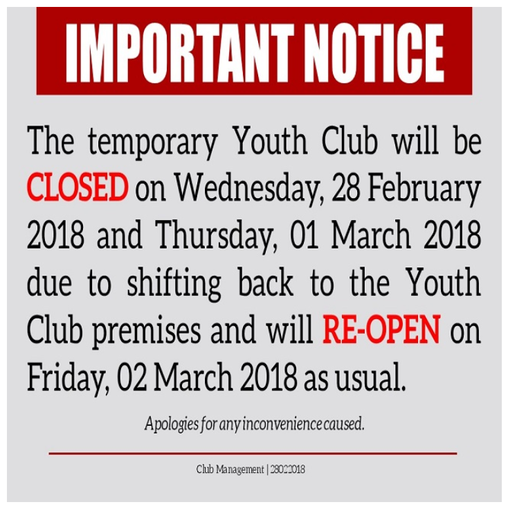 Important Notice: Temporary Youth Club Closure Due to Shifting