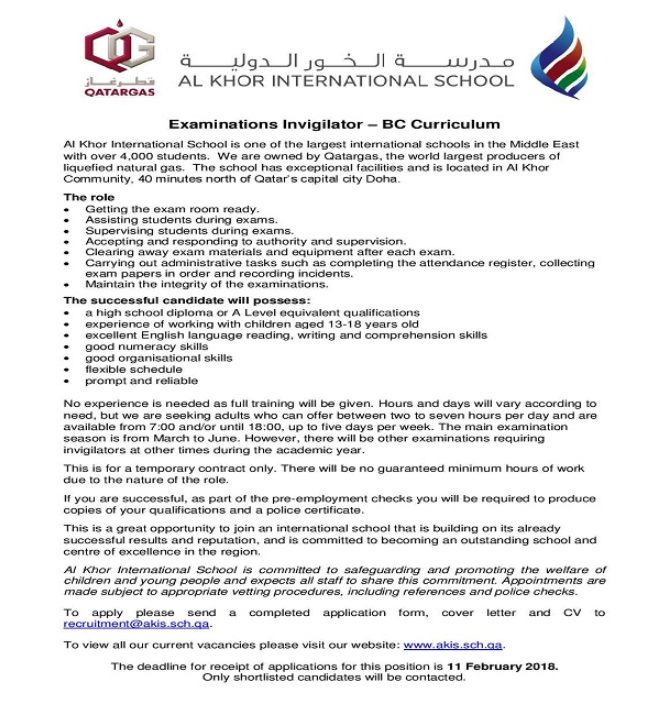 AKIS Vacancy: Examinations Invigilator (BC Curriculum)