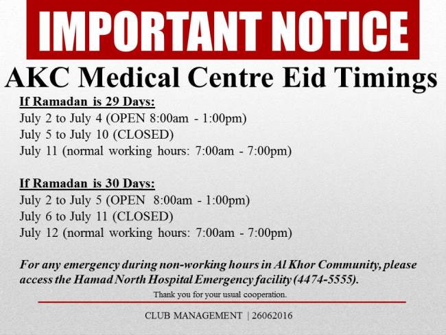 Important Notice: AKC Medical Centre Eid Timings