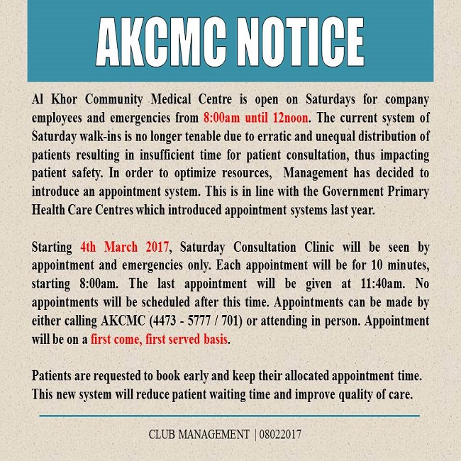 AKCMC Notice: Introduction of Appointment System on Saturdays