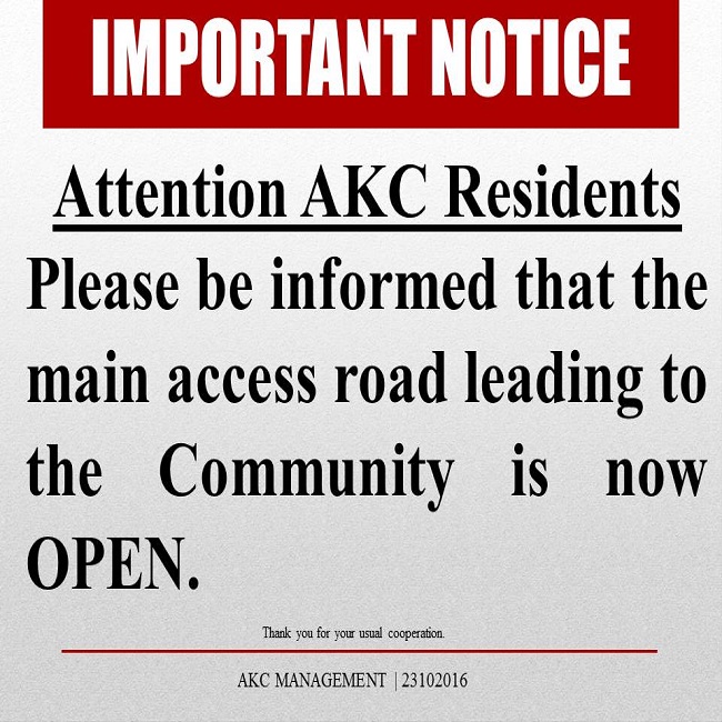 Important Notice: AKC Main Access Road Now Open