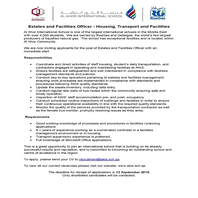 AKIS Vacancy: Estate and Facilities Officer - Housing, Transport & Facilities