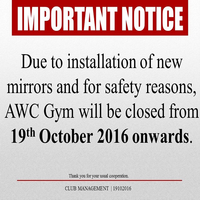 Important Notice: AWC Gym Closure Due to Mirror Installation