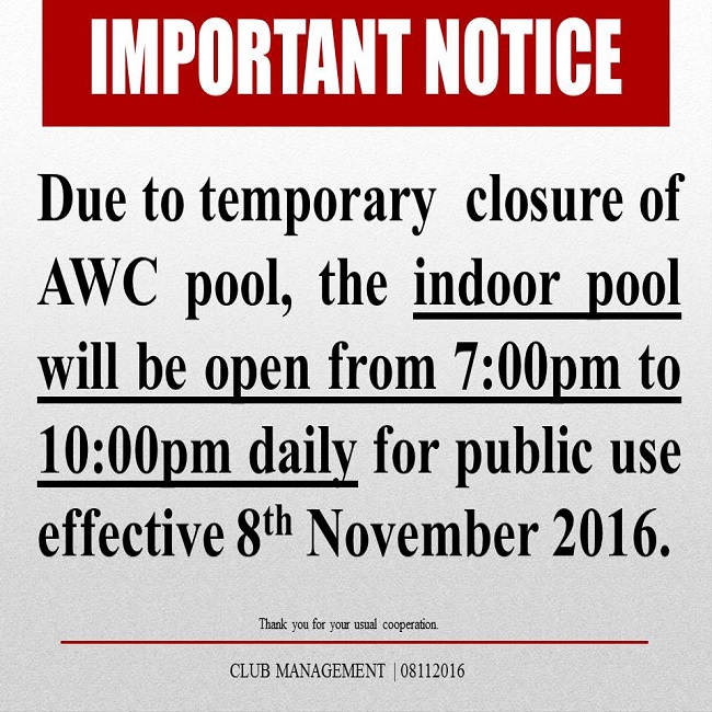 Important Notice: AWC Pool Temporary Closure - November 2016
