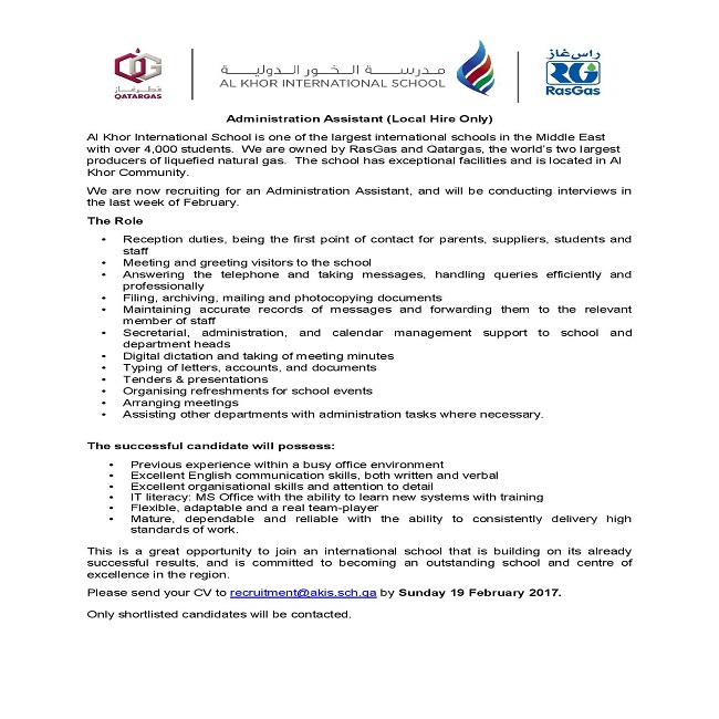 AKIS Vacancy: Administration Assistant (Local Hire Only)