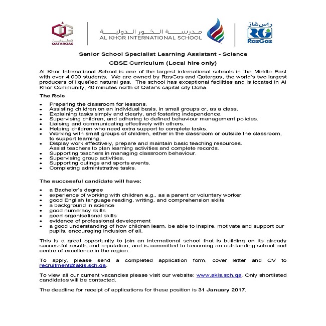 AKIS Vacancy: Senior School Specialist Learning Assistant - Science CBSE Curriculum (Local Hire Only)