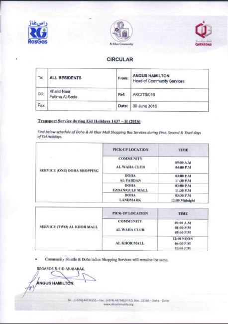 Eid Shopping Bus Services Schedule