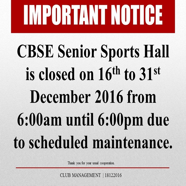 Important Notice: CBSE Senior Sports Hall Closure