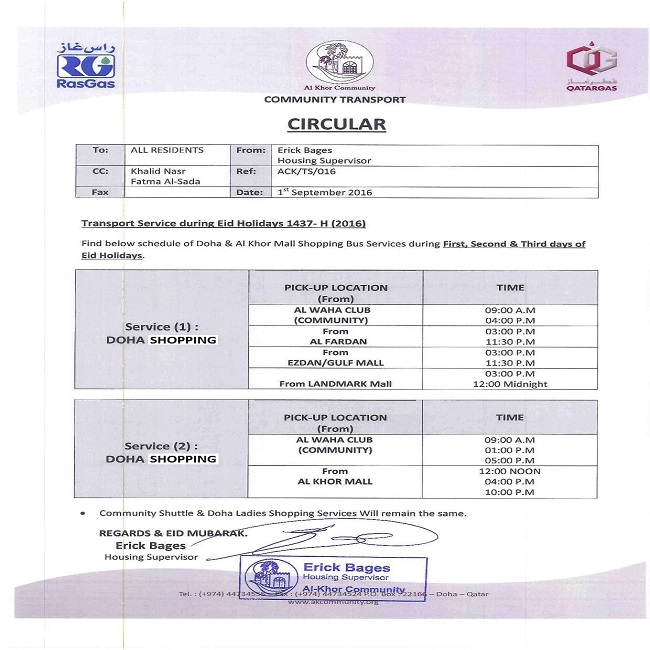 Transport Service Schedule for Eid Al Adha 2016