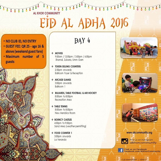 Eid Al Adha 2016 - Day 4 Schedule of Activities