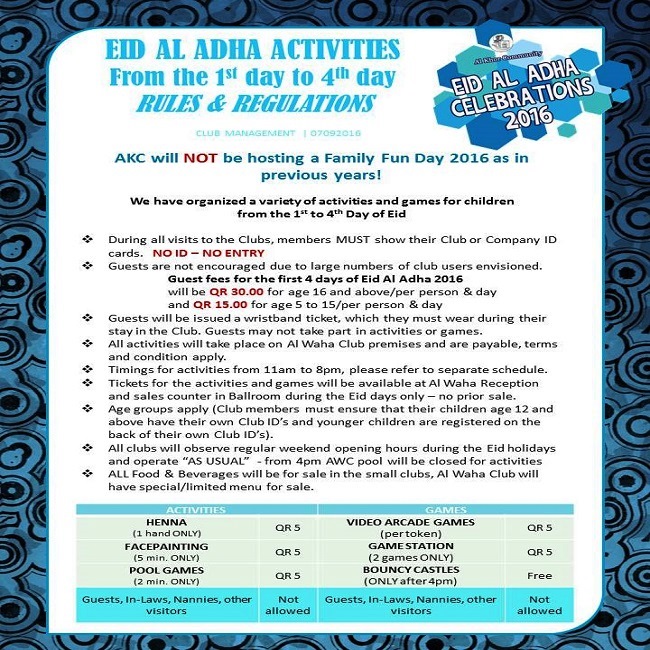 Eid Al Adha Activities 2016 - Rules and Regulations