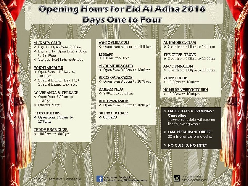 Opening Hours for Eid Al Adha 2016