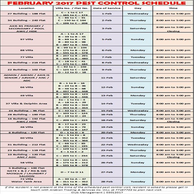 February 2017 Pest Control Schedule