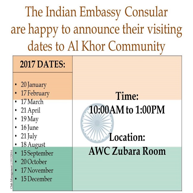 2017 Schedule of Indian Embassy Consular Services in AKC