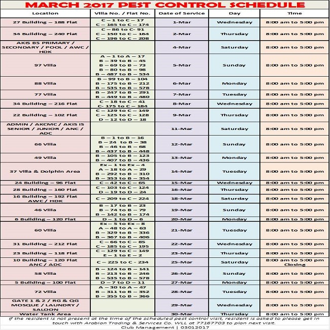 March 2017 Pest Control Schedule