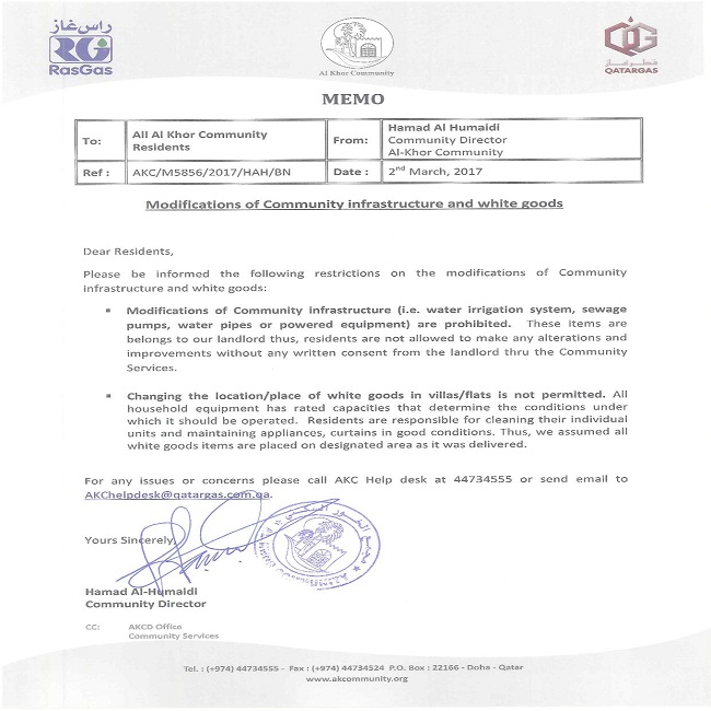 Memo: Modifications of Community Infrastructure and White Goods