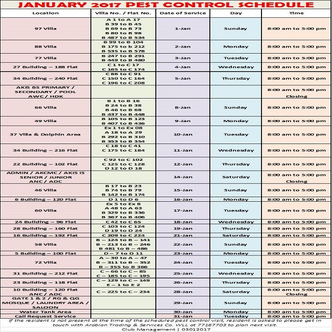 January 2017 Pest Control Schedule