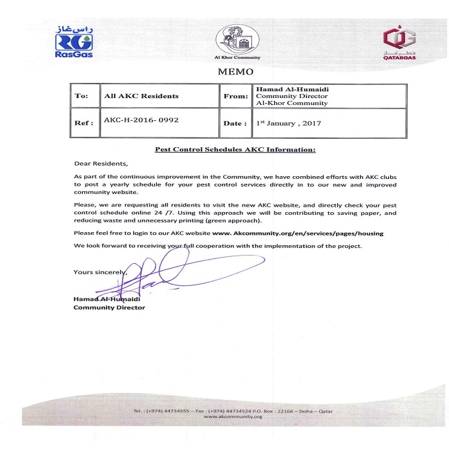 Community Memorandum: Pest Control Schedules AKC Information