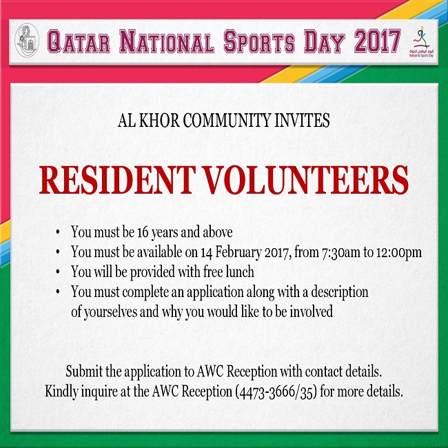 Wanted: Resident Volunteers for Qatar National Sports Day 2017
