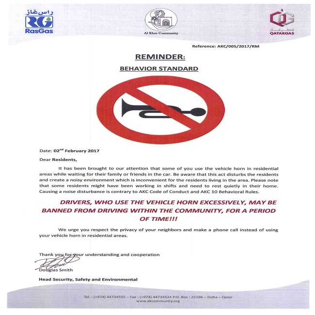 Reminder: Behavior Standard on the Use of Vehicle Horn