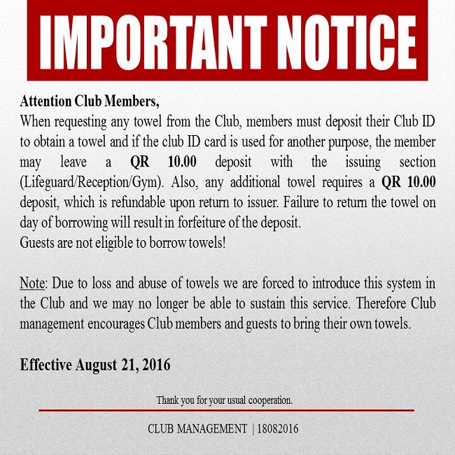 Important Notice: Request of Towel at the Club - August 2016