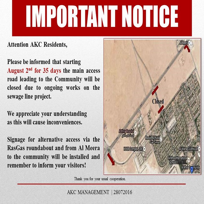 Important Notice: Road Closure - August 2016