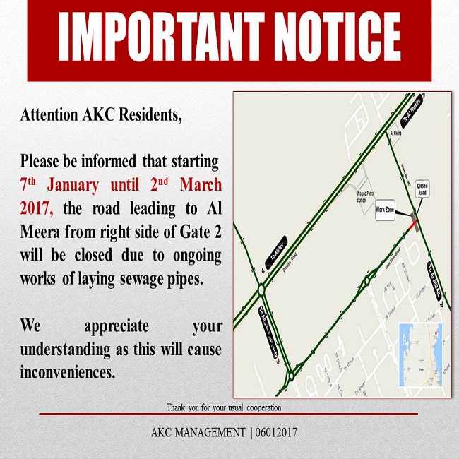 Important Notice: Road Closure - January 2017