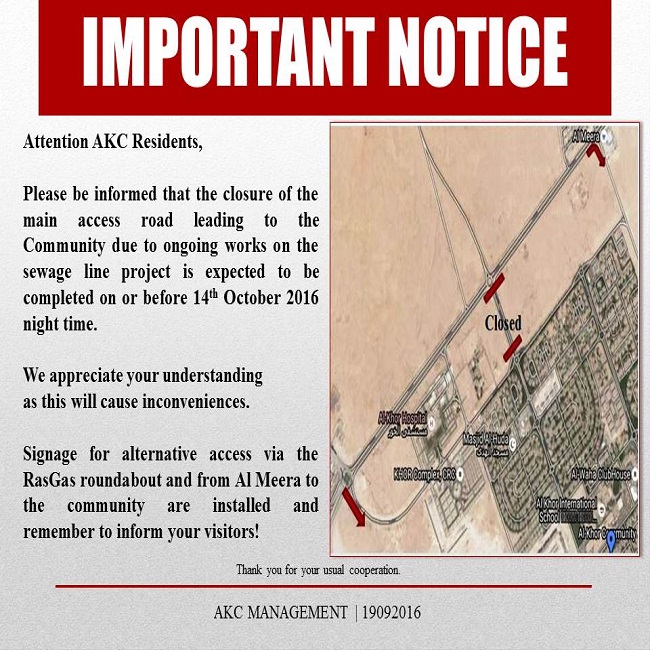 Important Notice: Road Closure - September 2016