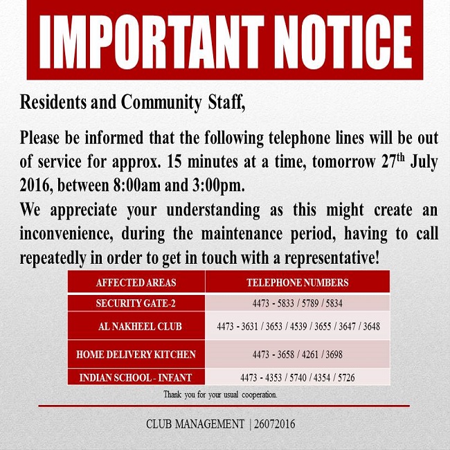 Important Notice: Telephone Lines Maintenance