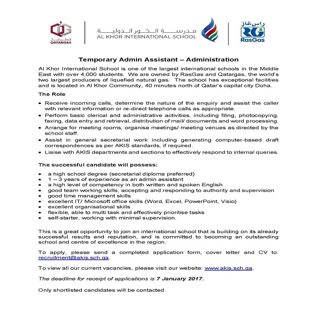AKIS Vacancy: Temporary Admin Assistant (Administration)
