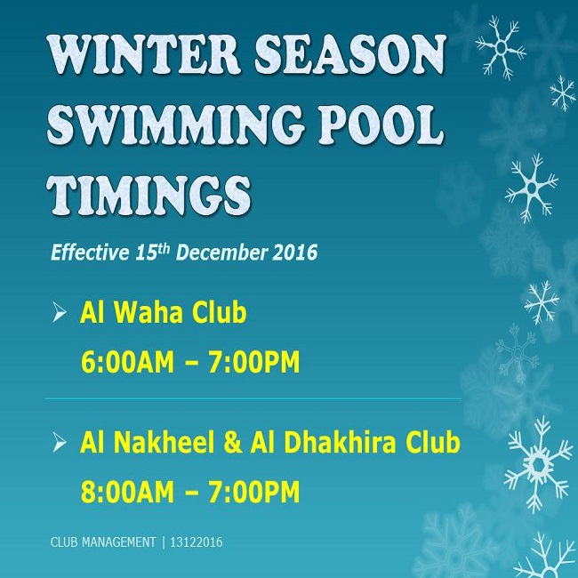 Winter Season Swimming Pool Timings