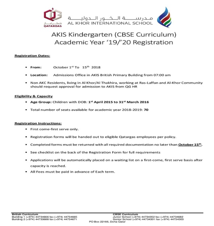 AKIS Kindergarten AY '19/'20 Registration