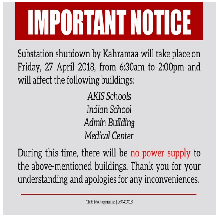 Important Notice: Scheduled Power Outage - 27 April 2018
