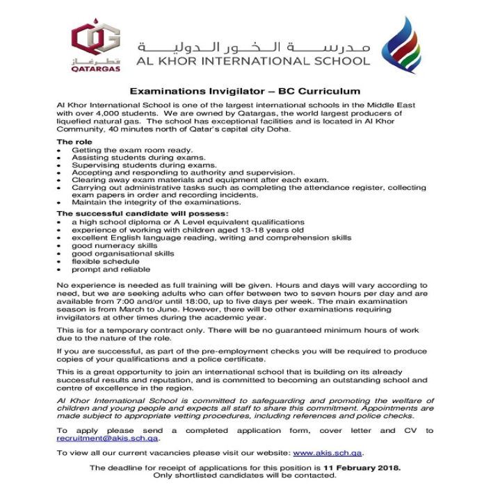 AKIS Vacancy: Examinations Invigilator (BC Curriculum)