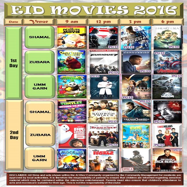 Eid Al Adha 2016 Movies Schedule