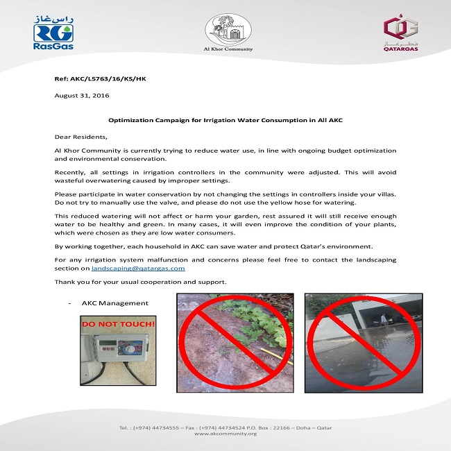 Optimization Campaign for Irrigation Water Consumption in All AKC