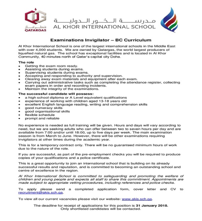 AKIS Vacancy: Examinations Invigilator - BC Curriculum