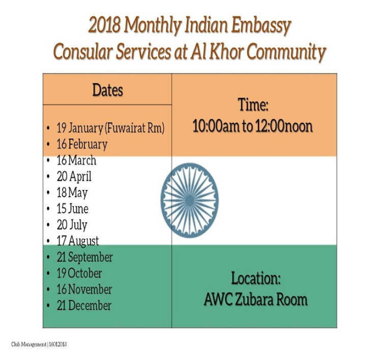 2018 Monthly Indian Embassy Consular Services